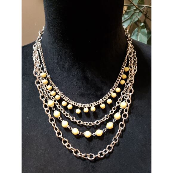 Womens Silver Tone 4 Strand Chains Yellow Jasper Bib Statement Necklace Jewelry - Picture 1 of 6